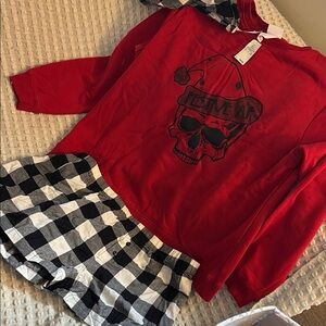 Pajamas!! Red Festive Skull crewneck with Black and White Checkered Shorts